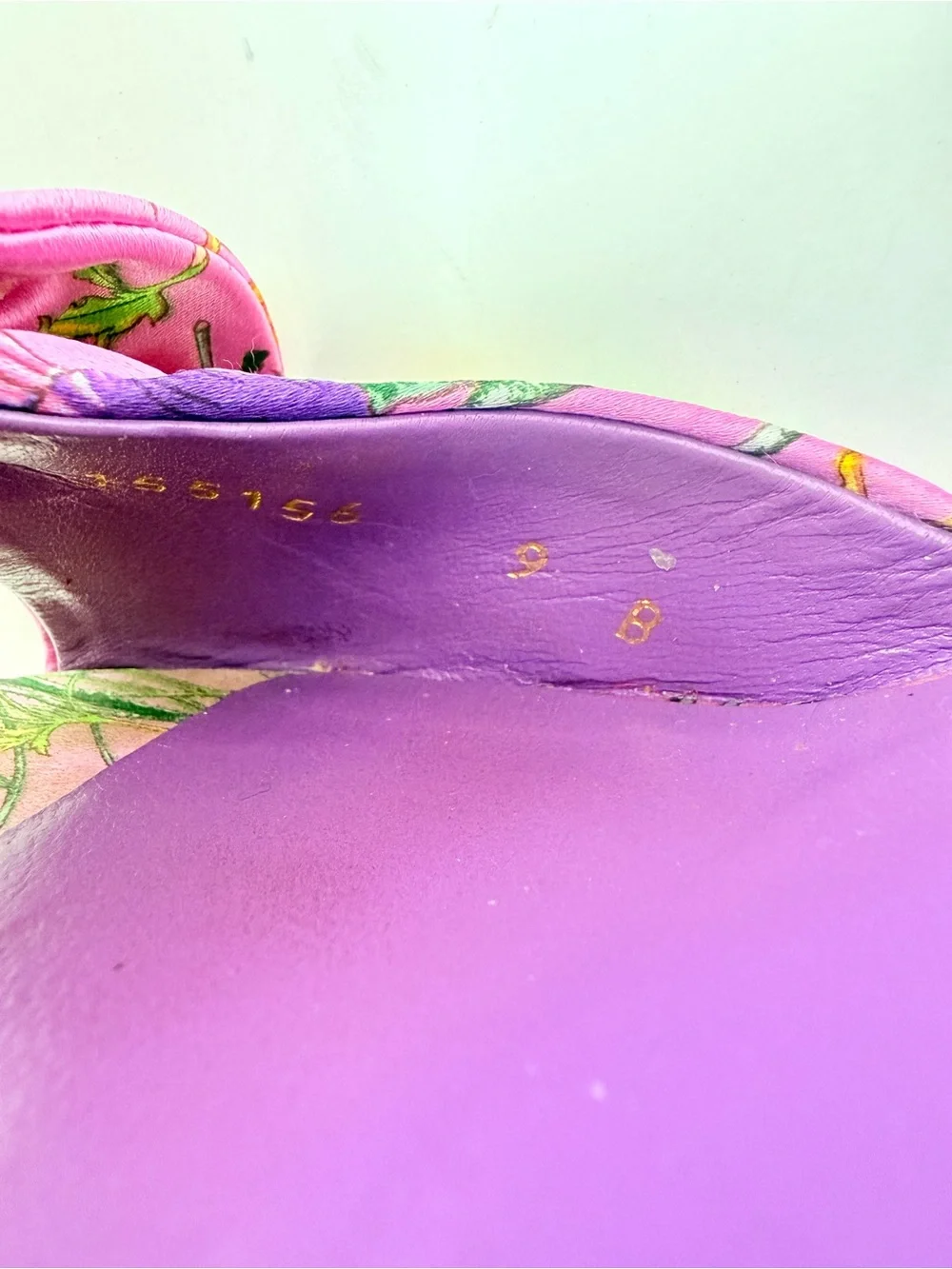 Gucci Flora Satin Bow Mule Heels Pink Cyclamen Floral Sandals US 9 Vintage Y2K - Picture 12 of 13